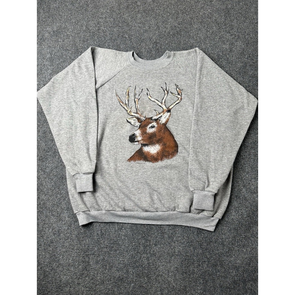 Mens Sweatshirt Deer Graphic Gray Wildlife Crewneck USA 1987, Size 2XL